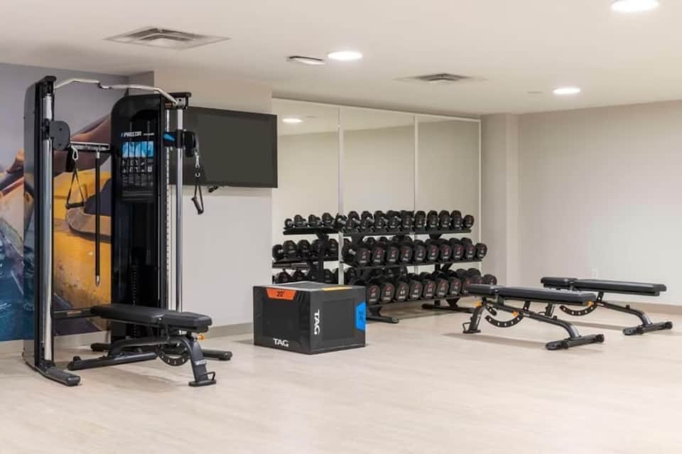 Contemporary hotel fitness center with weight equipment, dumbbells, and exercise machines