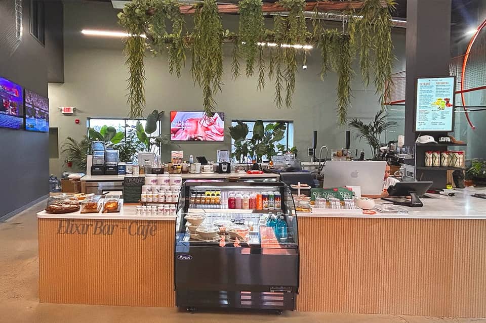 Bright café counter with plants, pastries display, and menu boards on walls