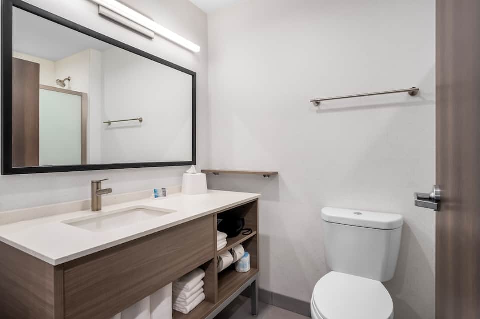 Contemporary bathroom with vanity sink, large mirror, wooden cabinets, and clean white design