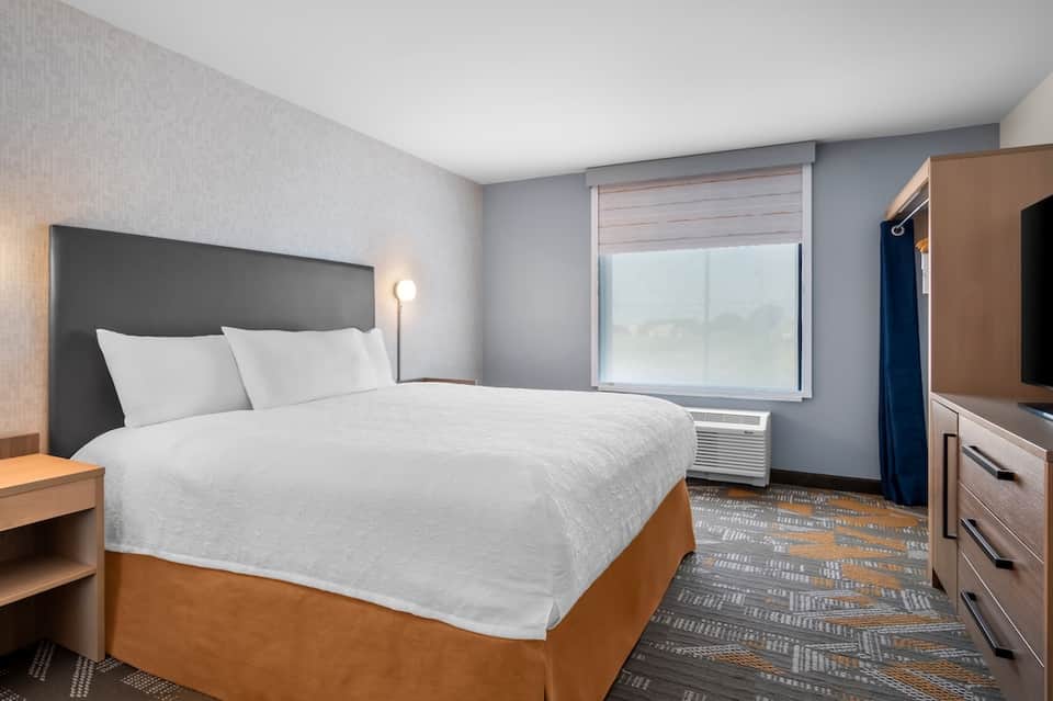 Contemporary hotel room with queen bed, gray headboard, and window view