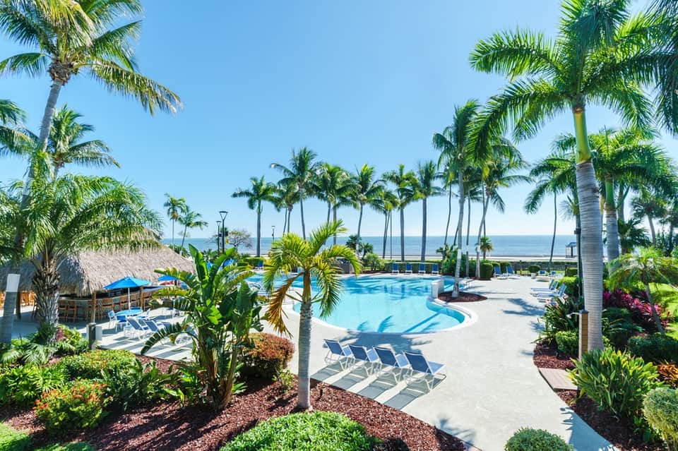 Tropical resort pool with water slides, palm trees, lounge chairs, and ocean view in background