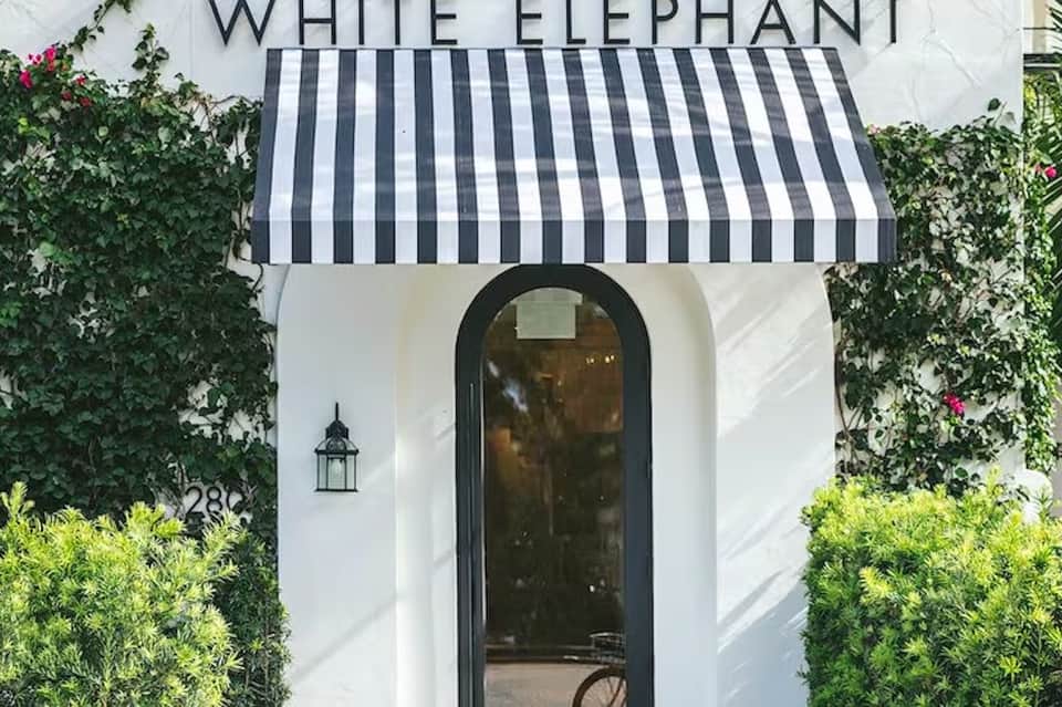 White storefront entrance with black striped awning and ivy-covered walls