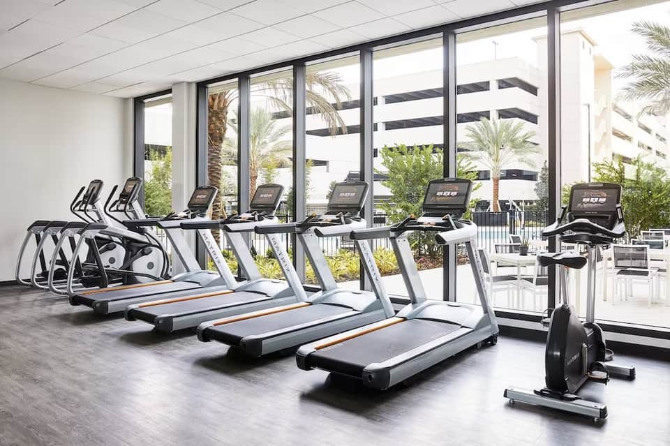 Modern fitness center with treadmills, ellipticals, and exercise bikes near large windows with palm trees