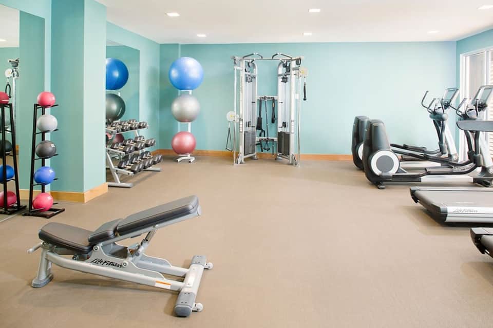 Bright fitness center with exercise equipment, dumbbells, exercise balls, and cardio machines