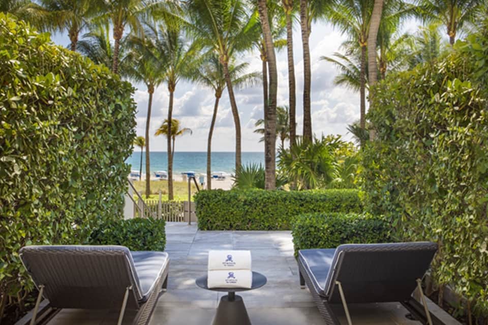 Palm-lined tropical beach pathway with lounge chairs, ocean view, and lush vegetation