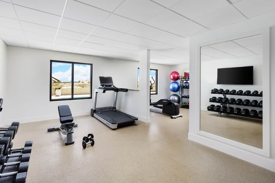 Well-equipped fitness center with treadmill, weights, exercise balls, and mirrored wall