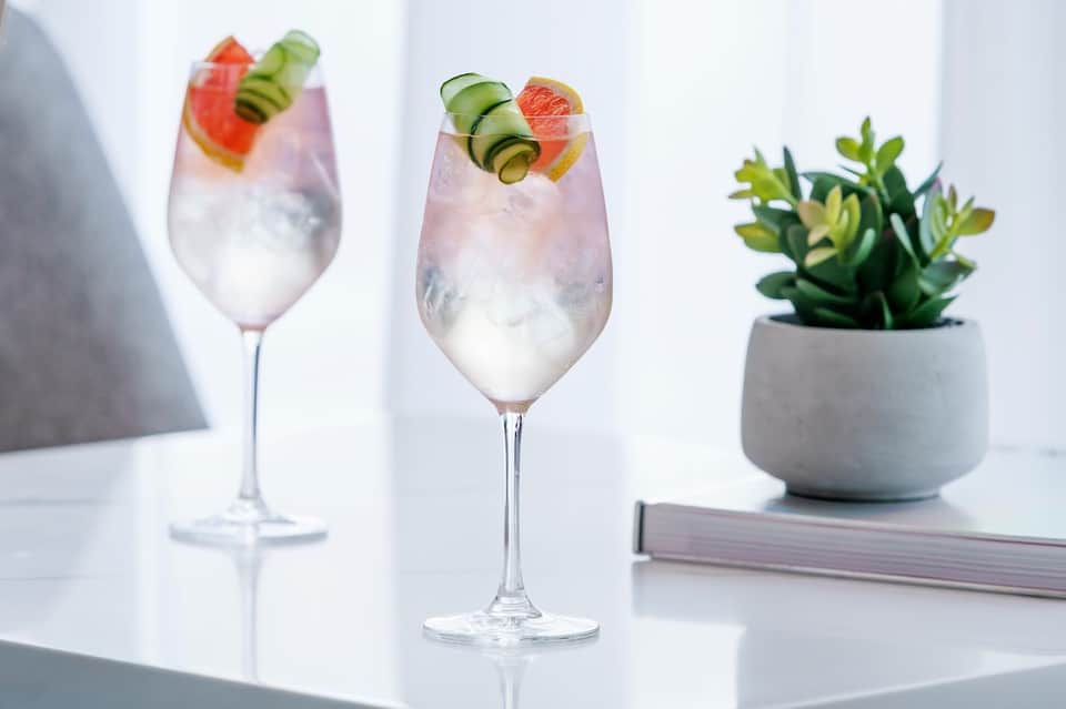 Two refreshing cocktails with grapefruit and cucumber garnish beside small potted succulent