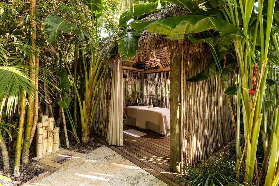 Spa treatment room with thatched roof entrance surrounded by tropical plants