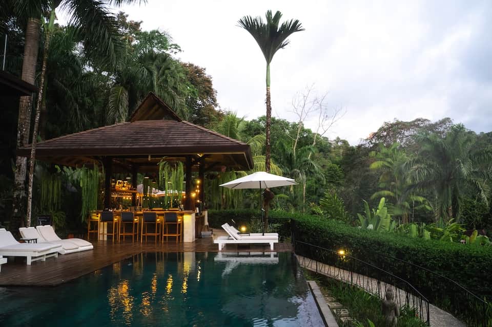Tropical resort pool at dusk with wooden pavilion bar, white loungers, and jungle surroundings