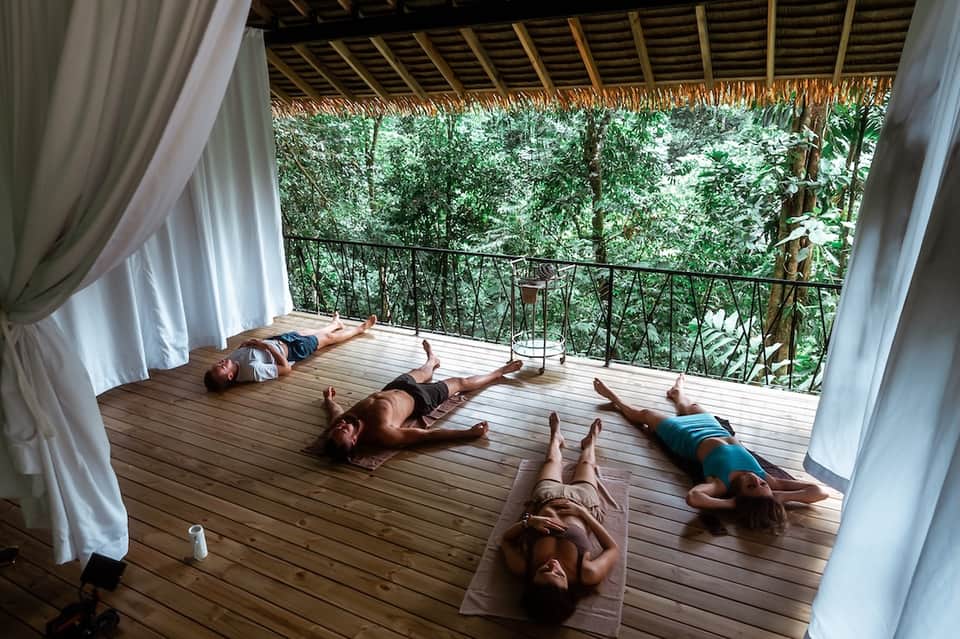 Group yoga class on wooden deck overlooking lush tropical forest canopy