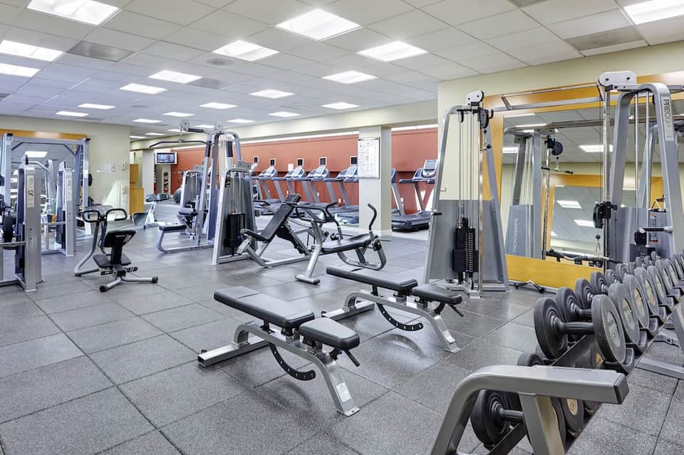Spacious fitness facility with weight machines, dumbbells, treadmills, and exercise equipment on tiled floor