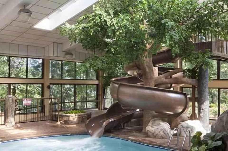 Indoor pool with live tree and metallic water slide feature and skylights