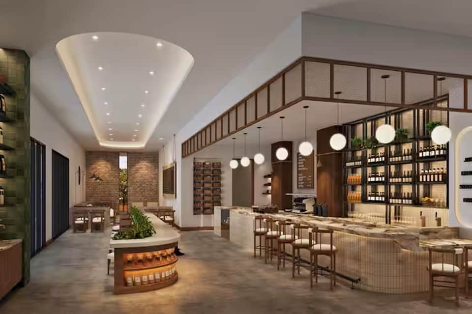 Modern spa and wellness center interior with marble bar, ambient lighting, and upscale finishes