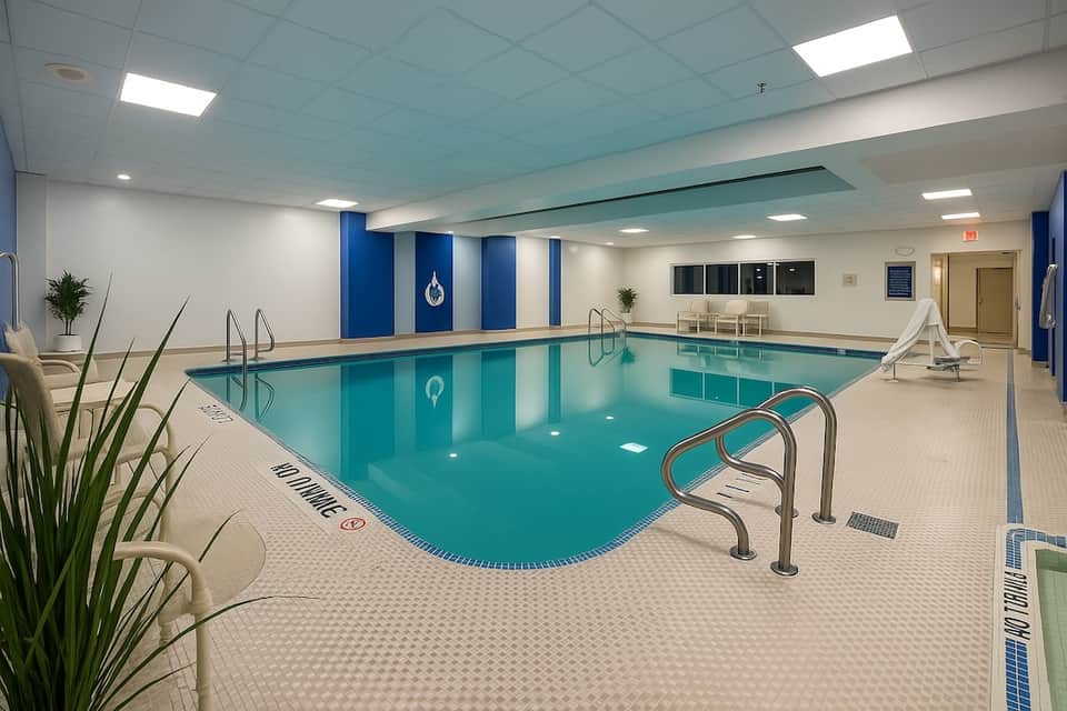 Indoor swimming pool facility with turquoise water, blue accent columns, and white lounge chairs