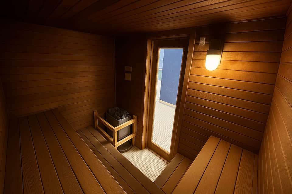 Wooden sauna interior with benches and glass door overlooking terrace