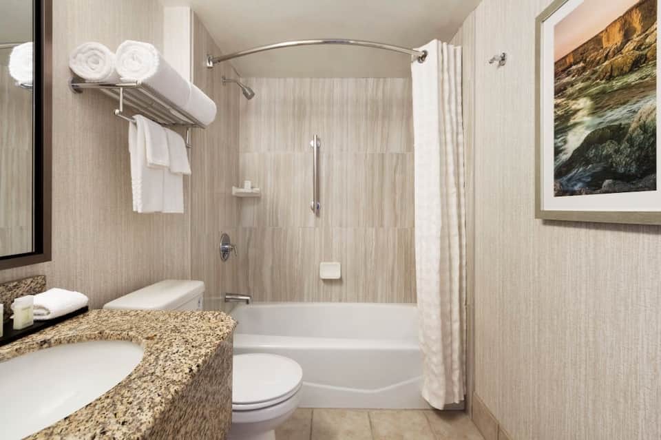 Clean bathroom with double vanity, granite countertop, tiled shower, and natural lighting