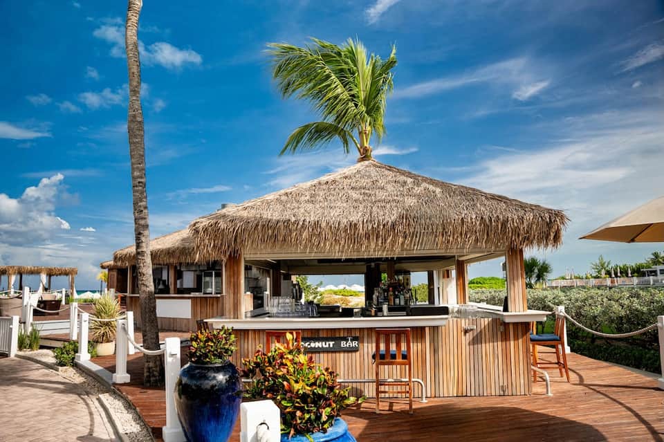 Beachfront tiki bar with thatched roof, palm trees, wooden railings, and ocean views under blue sky