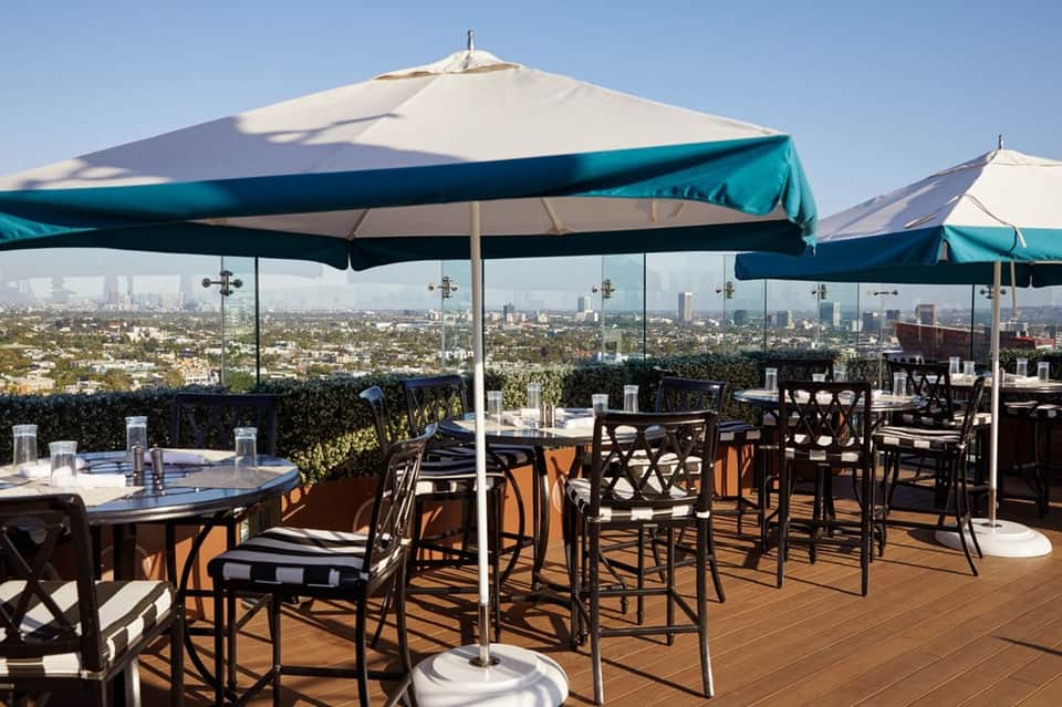 Rooftop dining area with umbrellas, tables, and panoramic city views