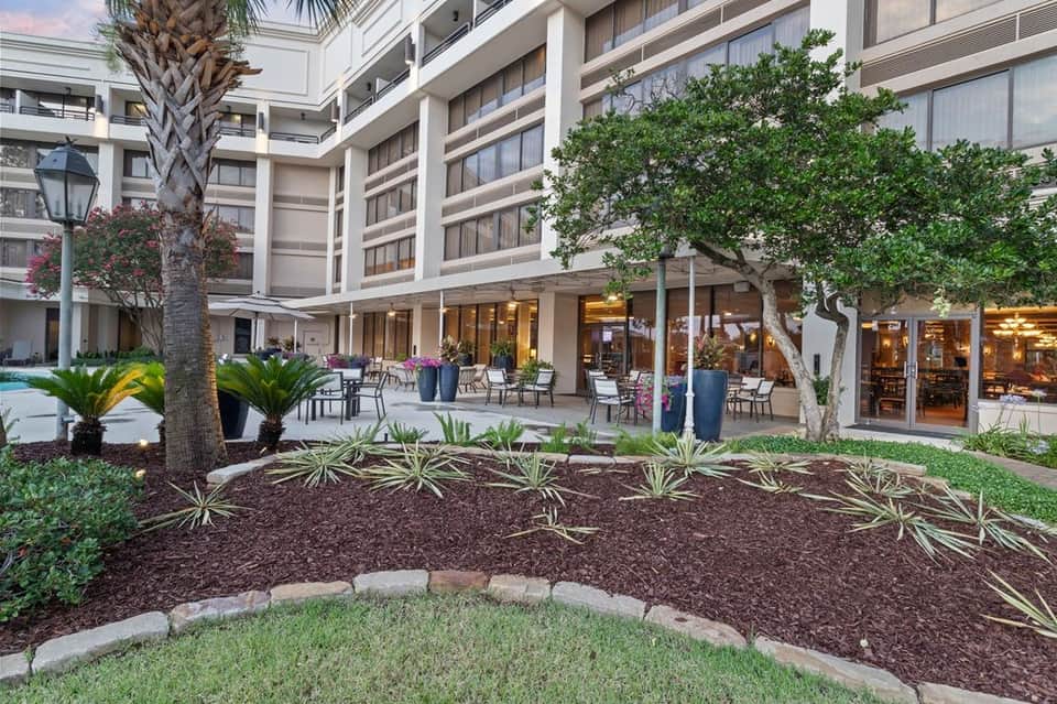 Contemporary hotel courtyard with tropical landscaping, palm trees, ground-level retail spaces, and seating areas