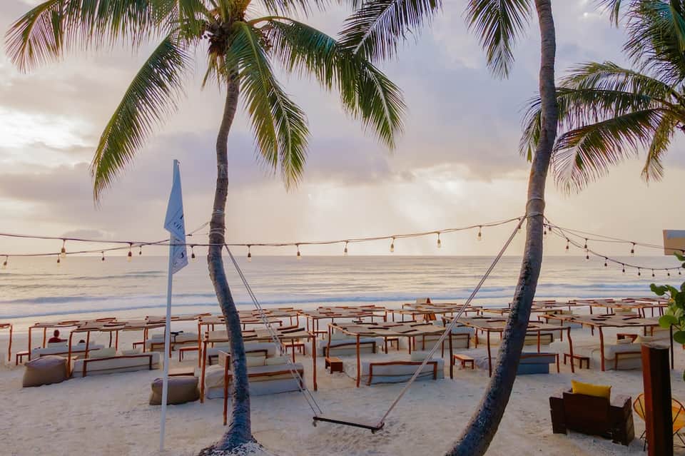 Beach lounge setup at dusk with wooden chairs, palm trees, string lights, and calm ocean horizon view