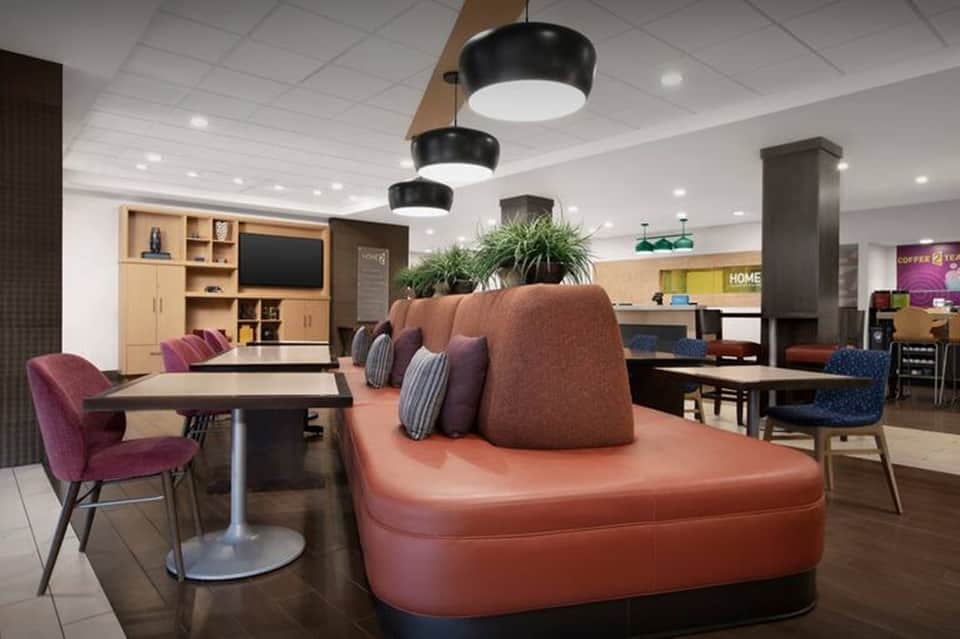 Hotel lobby lounge with contemporary furnishings and casual seating areas