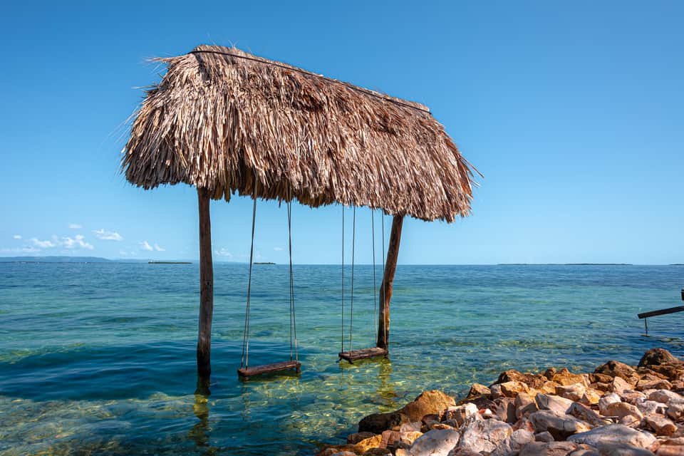 Tropical beach scene with thatched palm umbrellas and rope swings over turquoise ocean water