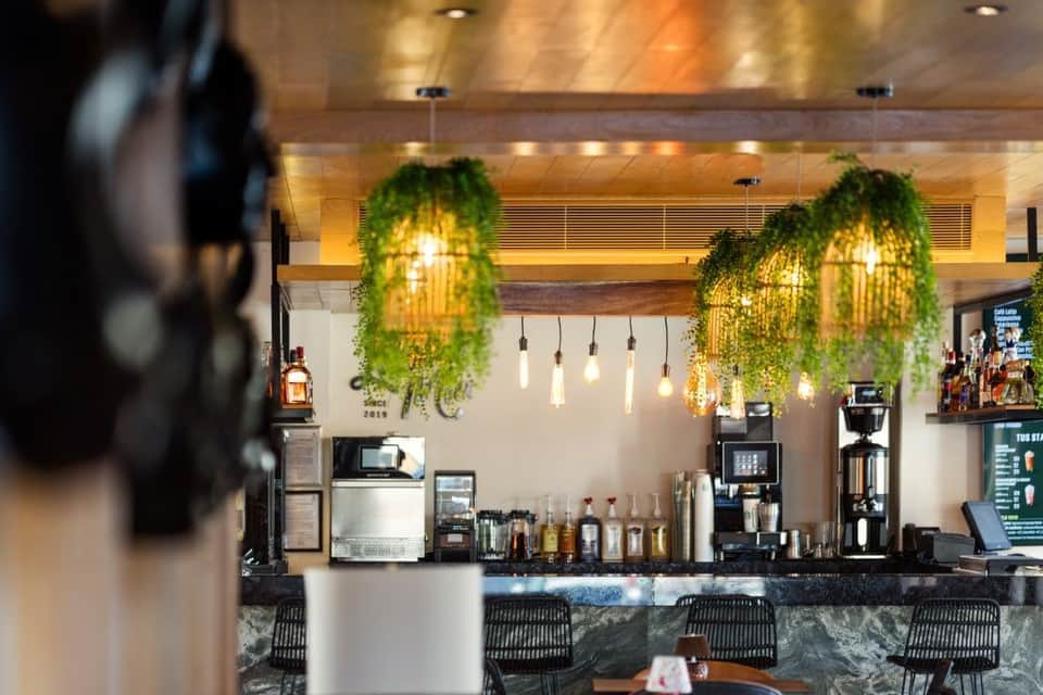 Hotel café counter with hanging greenery, pendant lights, espresso machine, and modern design