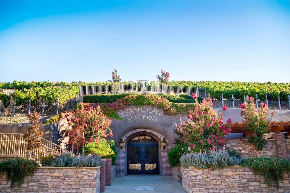 Estate cave spa entrance with stone arch, flowering vines, and vineyard views