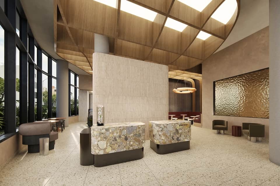 Modern hotel reception area with dual curved marble desks, warm wood ceiling, and minimalist design