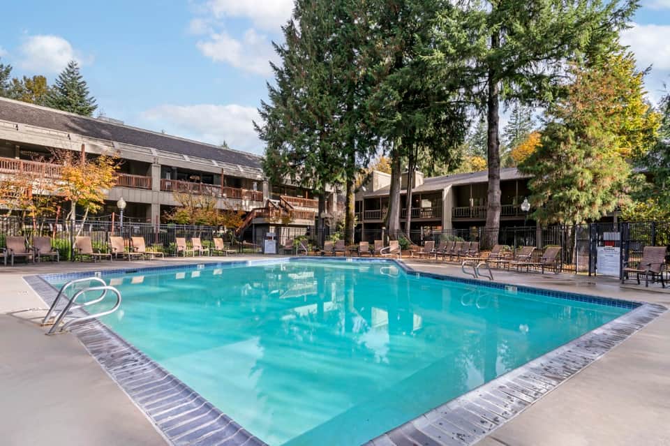 Resort swimming pool with turquoise water, loungers, wooden buildings, and tall trees
