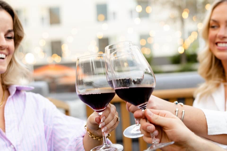 Two women toasting with wine glasses on a rooftop terrace with city buildings