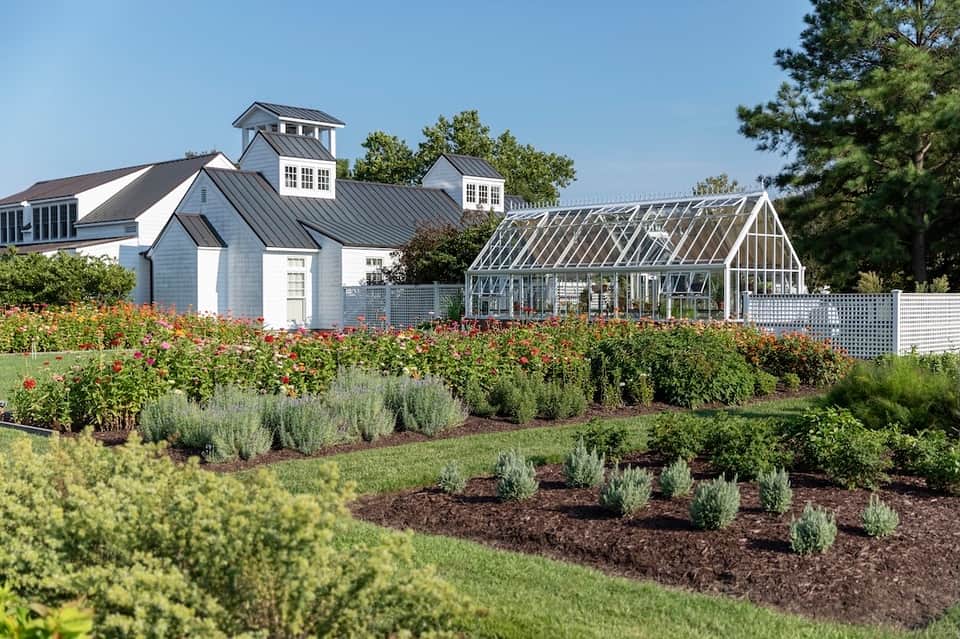 White Hamptons-style estate with greenhouse, manicured gardens, flowering shrubs, metal roof, and charming coastal architecture