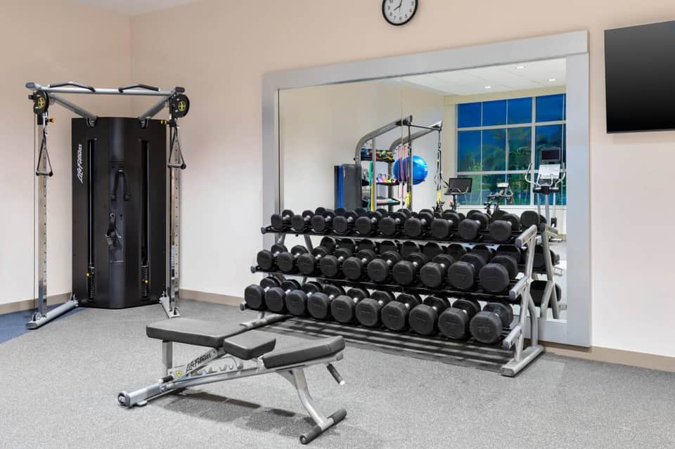Modern fitness center with dumbbell rack, functional trainer, weight bench, and large windows