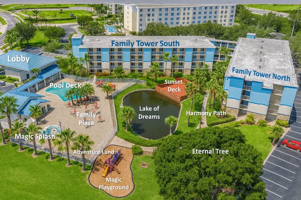 Aerial resort map showing Family Towers, pools, playgrounds, and amenity locations