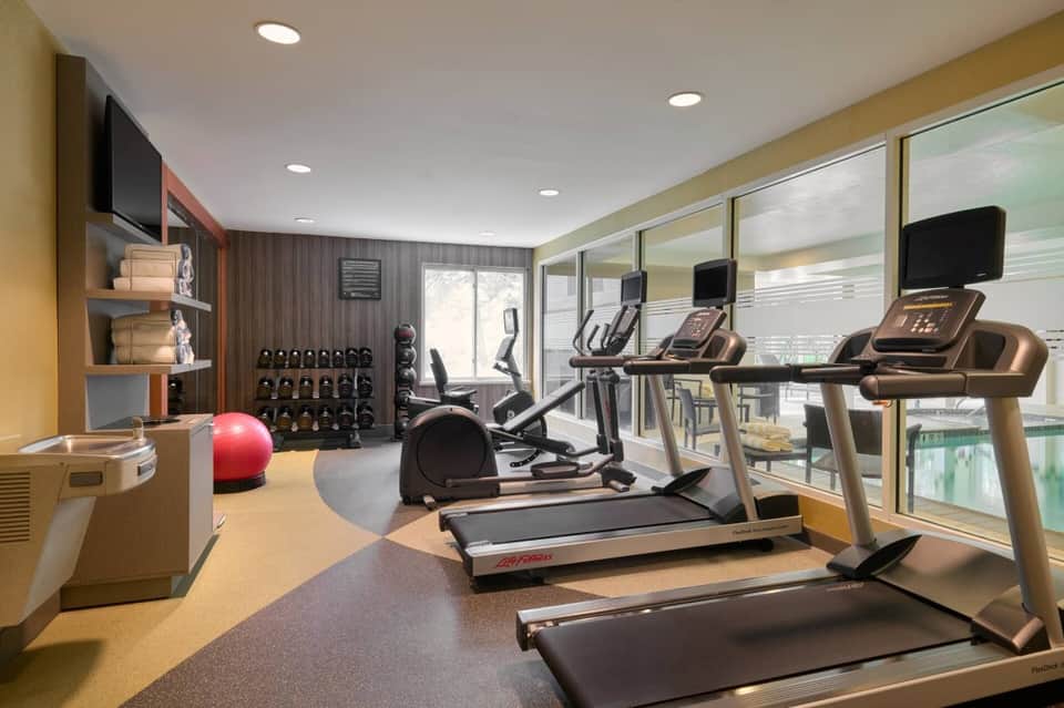 Modern gym with treadmills, elliptical machines, exercise balls, dumbbell rack, and large windows with views