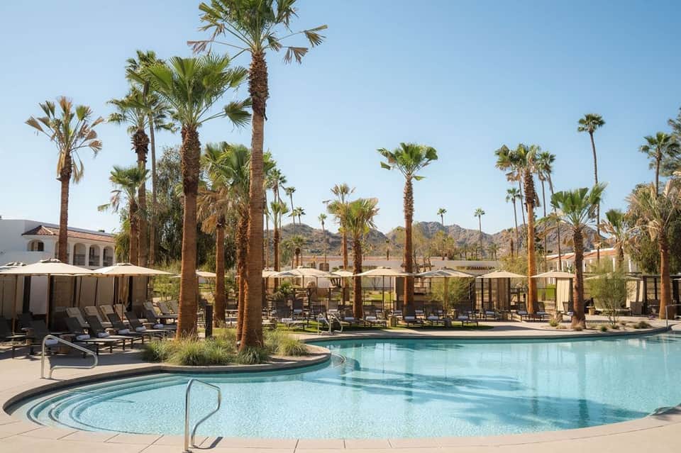 Resort pool with tall palm trees, lounge seating, and desert mountain backdrop