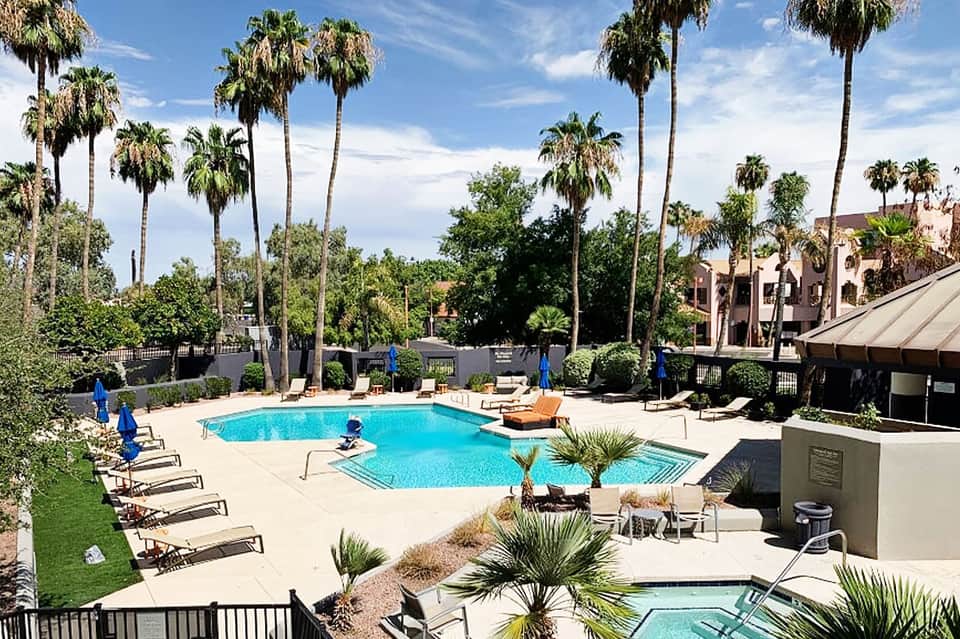 Resort pool area surrounded by palm trees, lounge chairs, and tan buildings under clear blue sky