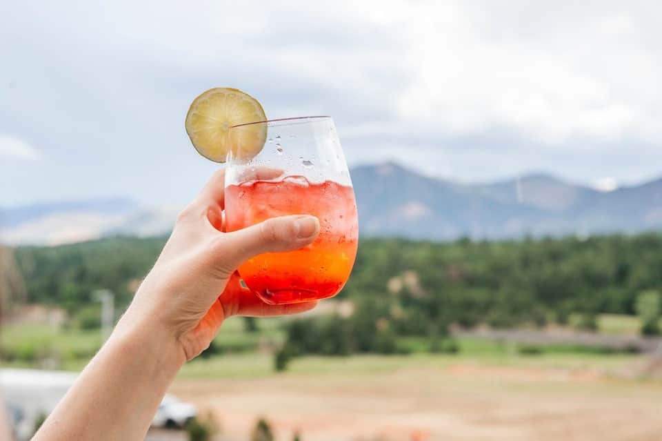 Hand holding a coral-colored cocktail with lemon slice, mountainous landscape in background