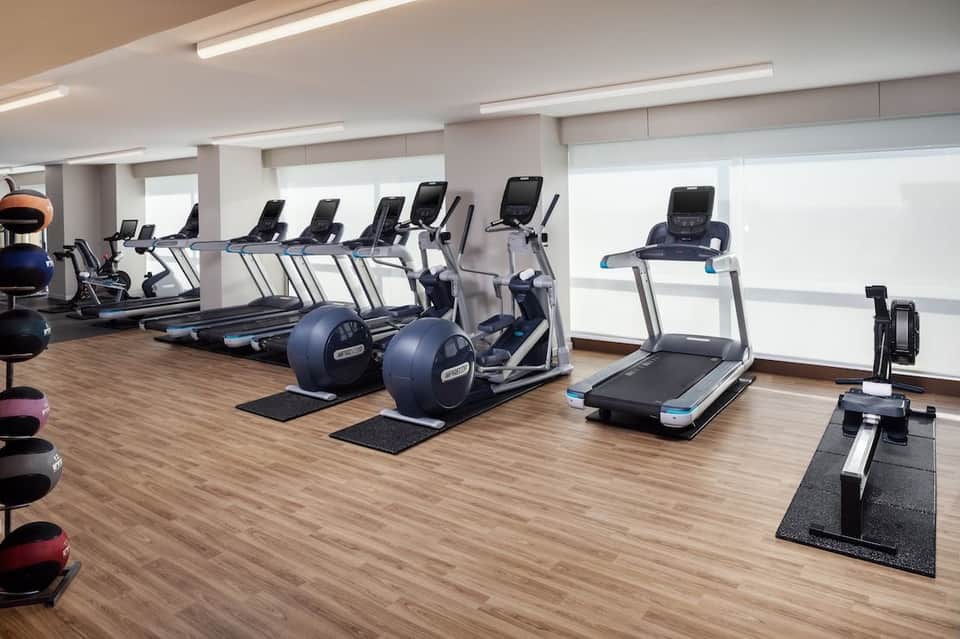 Bright fitness facility with rows of treadmills, elliptical machines, exercise bikes, and weights along windows