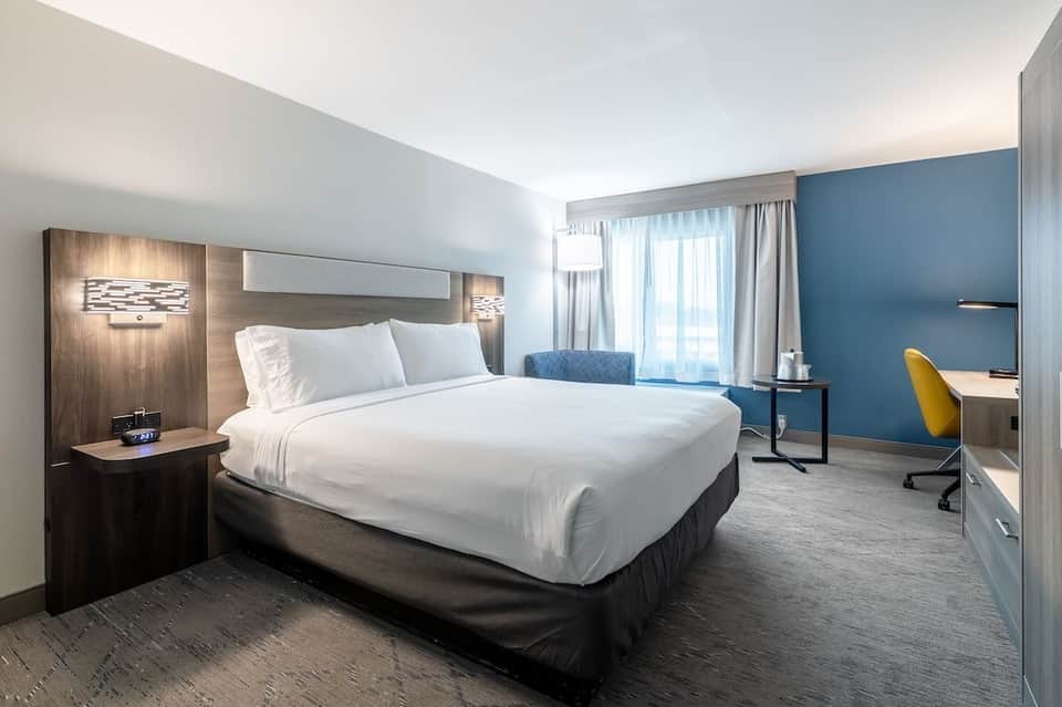 Contemporary hotel room with king bed, blue accent wall, desk area, and natural lighting from windows