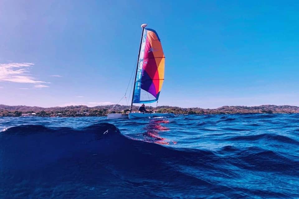 Colorful sailing catamaran with rainbow sail on clear blue ocean water near tropical coastline