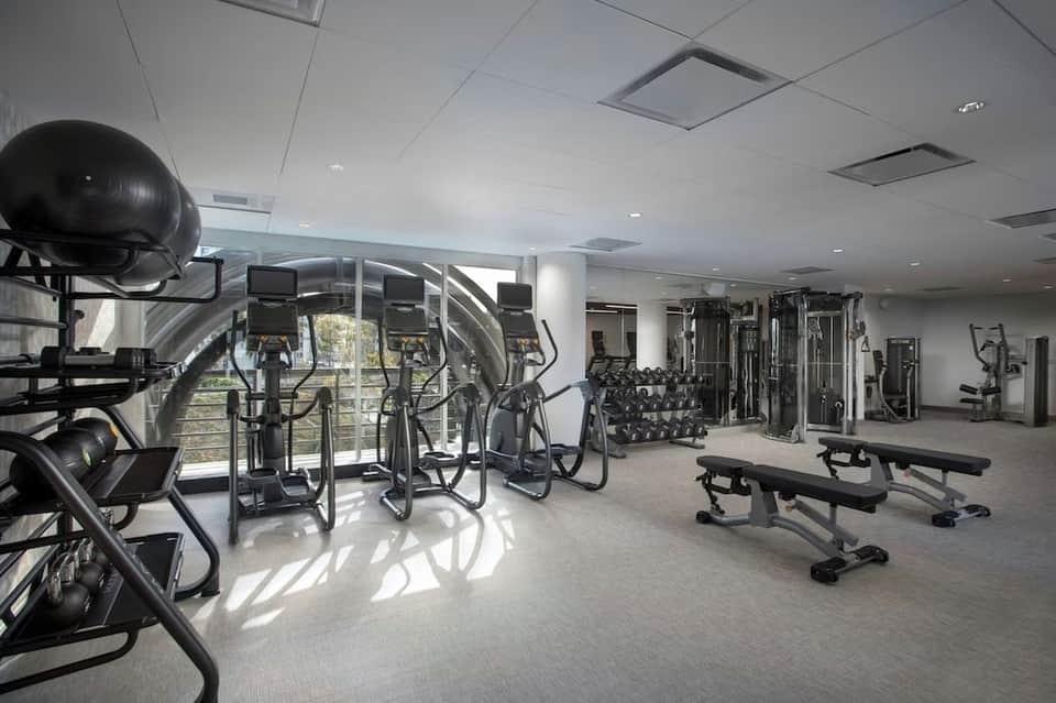 Bright fitness center with cardio equipment, weights, and floor-to-ceiling windows