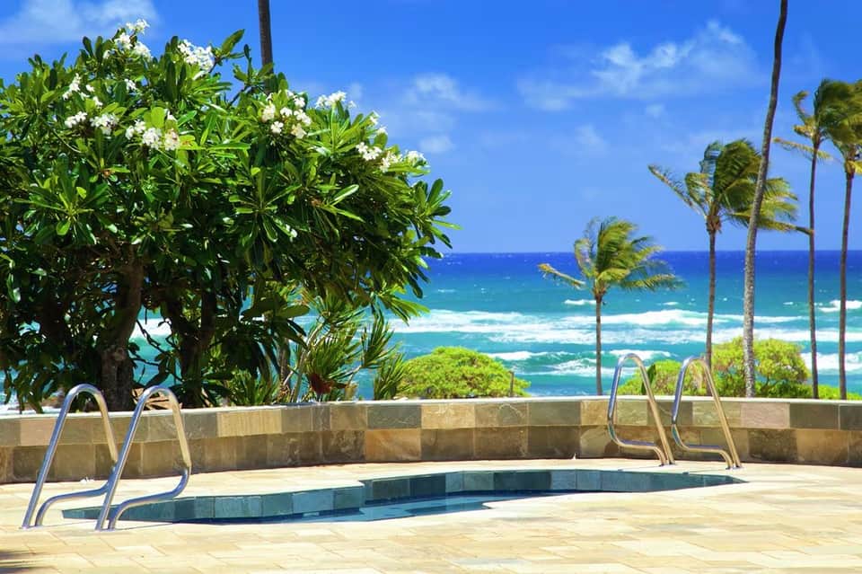 Beachfront swimming pool with tropical landscaping, palm trees, and direct ocean views with white sand beach