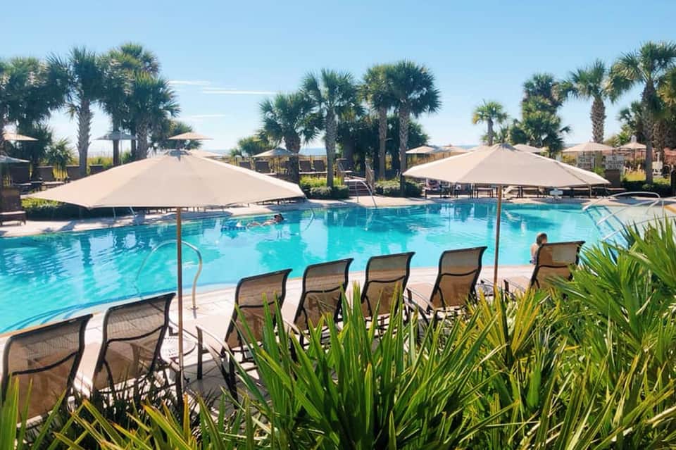 Large outdoor pool surrounded by palm trees with tan umbrellas and mesh lounge chairs