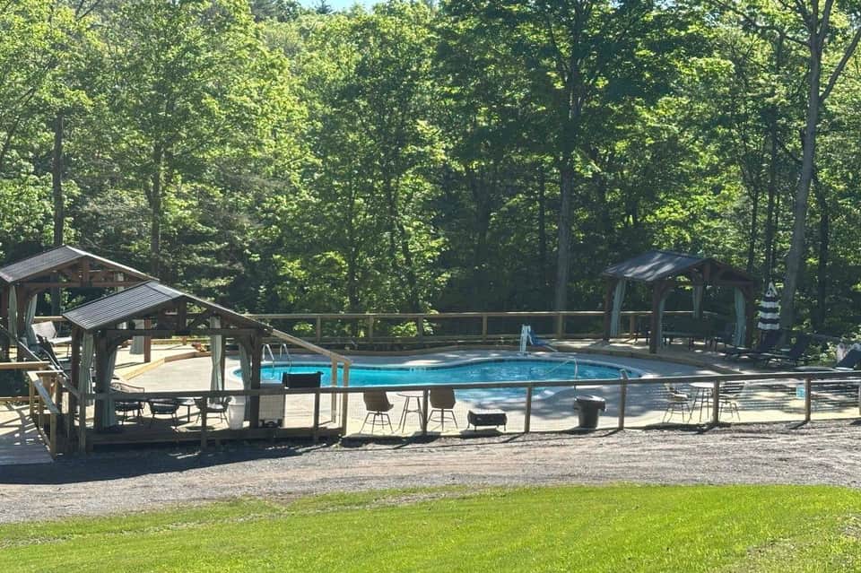 Resort pool surrounded by forest trees with covered cabanas, lounge chairs, and mountain scenery in background.