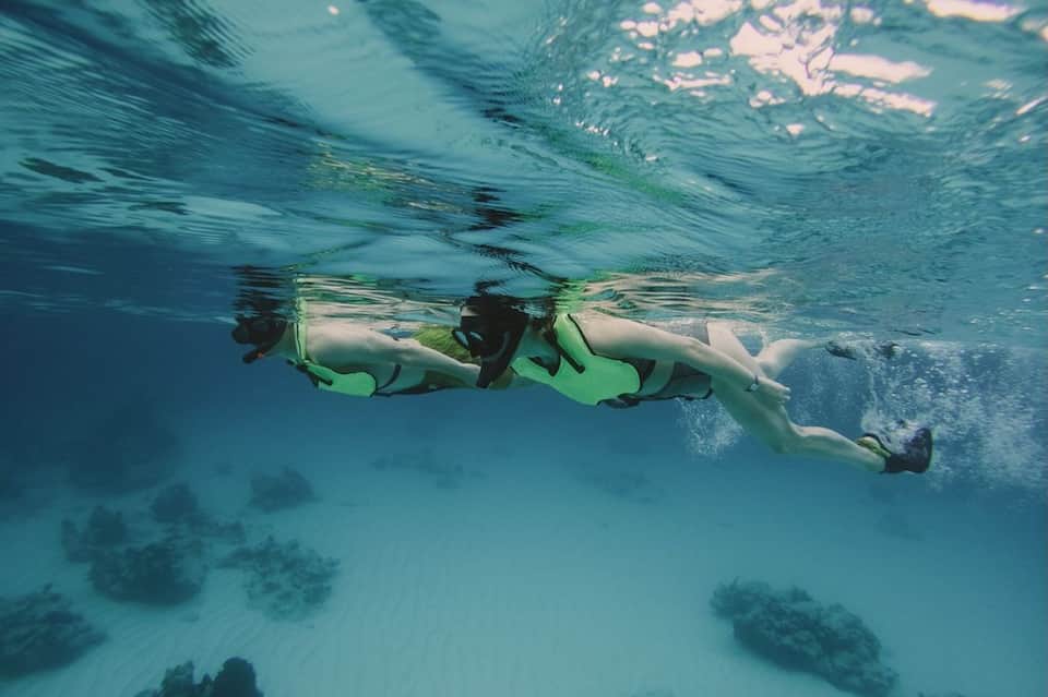 Two snorkelers in green wetsuits swimming underwater exploring coral reef formations