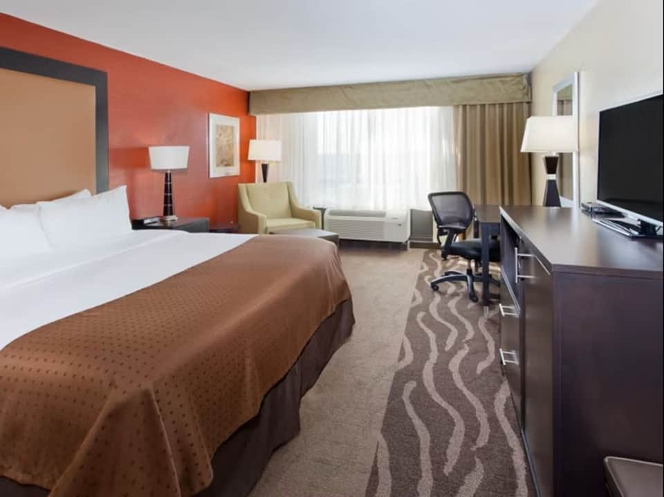 Spacious hotel room with queen bed, orange accent wall, seating area, and flat-screen TV