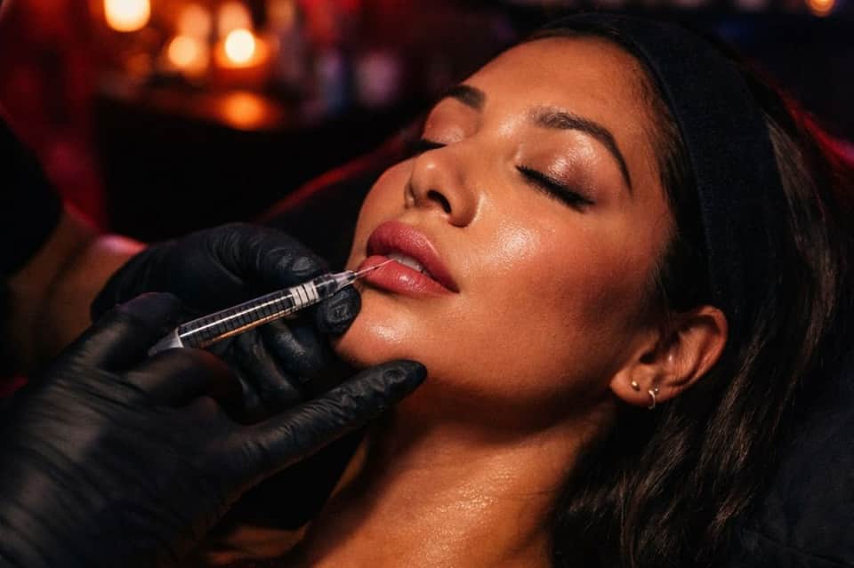 Healthcare provider administering injectable treatment to patient's face with syringe