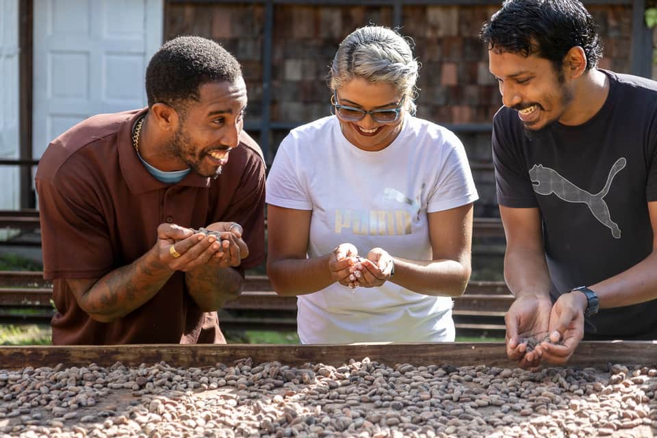 Three visitors examining cacao beans at a tropical farm or resort activity demonstration
