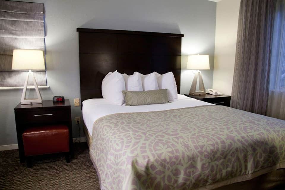 Hotel bedroom with black headboard, queen bed, white pillows, patterned comforter, and dark nightstands with lamps